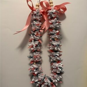 Handmade White and Coral Ribbon Lei Necklace